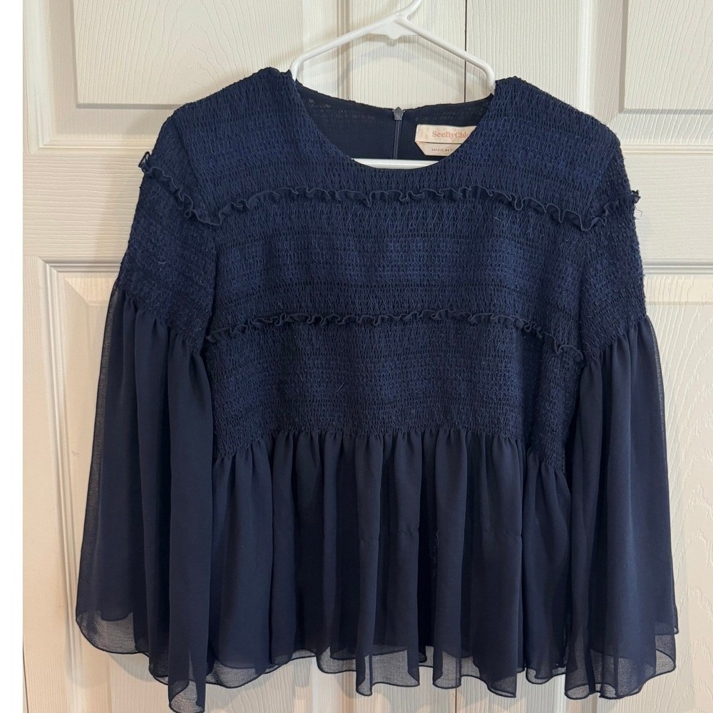 SeeByChloe Dark Navy Blue Smocked Peplum Ruffle Bell Sleeve Top SZ 6 Dainty - Picture 4 of 8